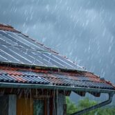 Rainy day with panels on the roof of family house solar panels environment and technology concepts _ Premium AI-generated image Rainy day with panels on the roof of family house solar panels environment and technology concepts _ Premium AI-generated image