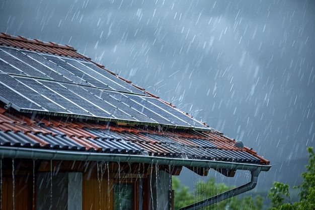 Rainy day with panels on the roof of family house solar panels environment and technology concepts _ Premium AI-generated image Rainy day with panels on the roof of family house solar panels environment and technology concepts _ Premium AI-generated image